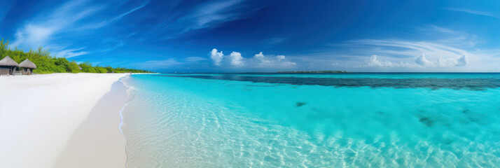 Fototapeta na wymiar Beautiful white sand beach, turquoise ocean and blue sky with clouds on a sunny day. Summer tropical landscape, panoramic view.Generative AI