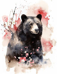 Black bear, asian style, Japanese, watercolor, cherry blossoms, digital prints, digital resources. Generative AI