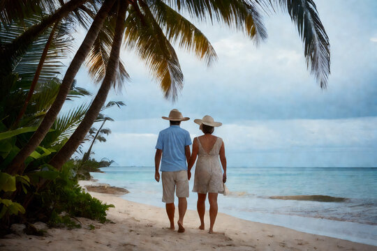 An elderly couple in straw hat walks on the sand on a tropical beach. Concept of active age. Generative AI