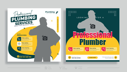 Plumbing service social media post design. Professional plumbing service flyer poster template