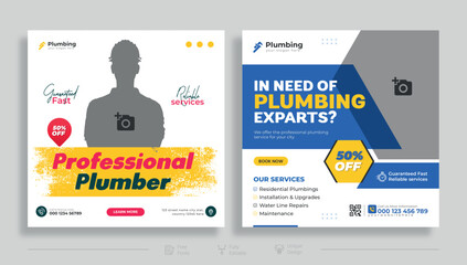 Plumbing service social media post template, Plumbing service social media post design. plumber expert banner concept, repair pipes from sinks advertisement, toilets, and bathrooms, abstract campaign