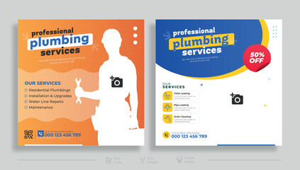 Plumbing service social media post design. Professional plumbing service flyer poster template