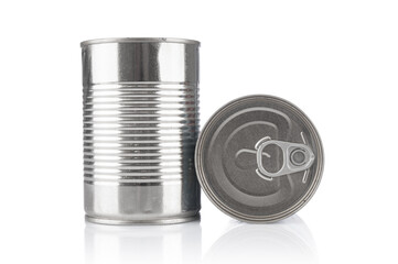 Tin cans food close up isolated on white background