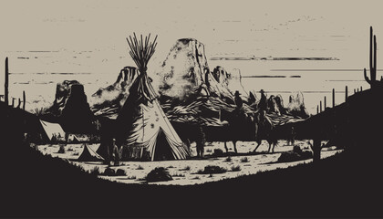 Native american western scene background. Can be used for graphic design. Wild west. Black and white. Graphic Art Vector - obrazy, fototapety, plakaty
