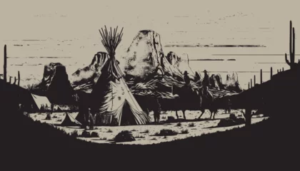  Native american western scene background. Can be used for graphic design. Wild west. Black and white. Graphic Art Vector © AkimD