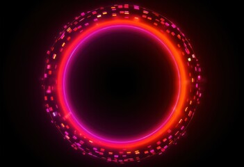 Abstract neon circle, red orange, purple glowing border isolated on a dark background. Colorful light effect. Bright illuminated circle.
