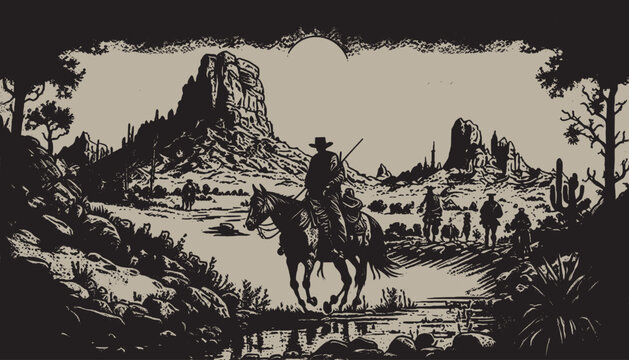 Native american western scene background. Can be used for graphic design. Wild west. Black and white. Graphic Art Vector
