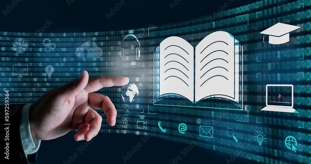 Aufkleber concept of online education. man use online education training and e-learning webinar on internet fo