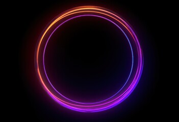 Abstract neon circle, red orange, purple glowing border isolated on a dark background. Colorful light effect. Bright illuminated circle.