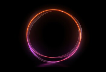 Abstract neon circle, red orange, purple glowing border isolated on a dark background. Colorful light effect. Bright illuminated circle.