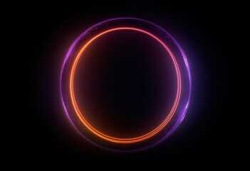 Abstract neon circle, red orange, purple glowing border isolated on a dark background. Colorful light effect. Bright illuminated circle.