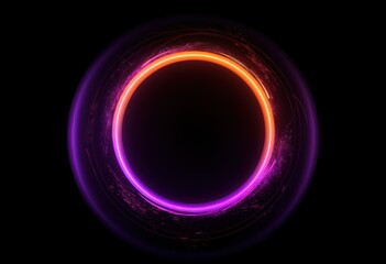 Abstract neon circle, red orange, purple glowing border isolated on a dark background. Colorful light effect. Bright illuminated circle.