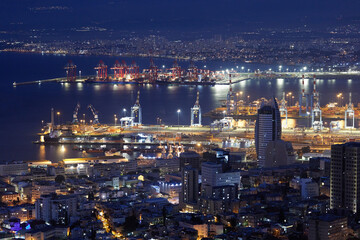Naklejka premium View of evening Haifa city, Israel. Cityscape of Haifa port