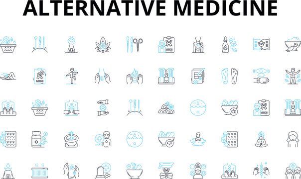 Alternative medicine linear icons set. Acupuncture, Aromatherapy, Ayurveda, Biofeedback, Chakra, Chiropractic, Detoxification vector symbols and line concept signs. Energy Healing,Feng Generative AI