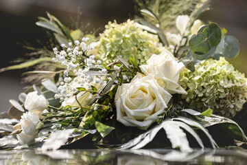 Moderner Brautstrauß. Hochzeitsblumen, Autoschmuck.