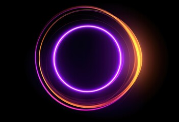 Abstract neon circle, red orange, purple glowing border isolated on a dark background. Colorful light effect. Bright illuminated circle.