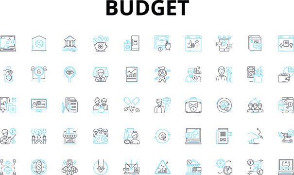 Budget linear icons set. Thrifty, Economy, Frugal, Affordable, Savings, Cost-effective, Cutbacks vector symbols and line concept signs. Practical,Tight-fisted,Cheapskate illustration Generative AI