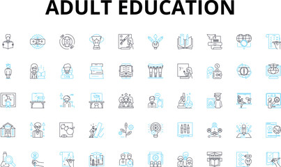Adult education linear icons set. Lifelong, Renewal, Empowerment, Skilled, Knowledgeable, Development, Progress vector symbols and line concept signs. Growth,Confidence,Learning Generative AI
