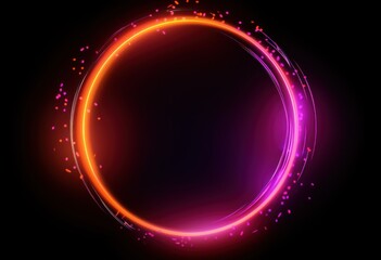 Abstract neon circle, red orange, purple glowing border isolated on a dark background. Colorful light effect. Bright illuminated circle.