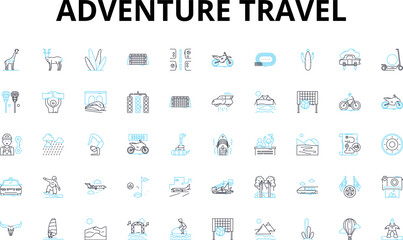 Adventure travel linear icons set. Trek, Explore, Expeditions, Rafting, Safari, Mountaineering, Backpacking vector symbols and line concept signs. Bungee,Climbing,Kayaking illustration Generative AI