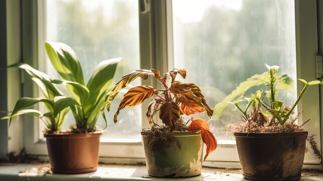 Wilted houseplants on windowsill in room, generative ai