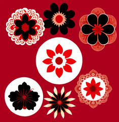 Set of flat floral stickers on a red background. Vector illustration for print	