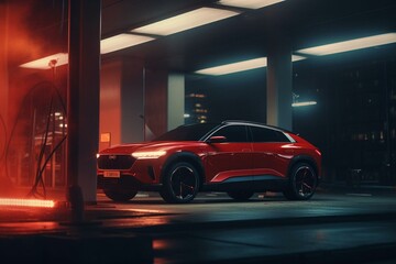 Fototapeta na wymiar A red SUV charging at a futuristic city charging station. Generative AI