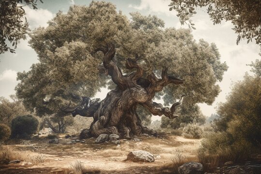 Vintage illustration of Holm Oak from larousse du xxe siecle. Generative AI