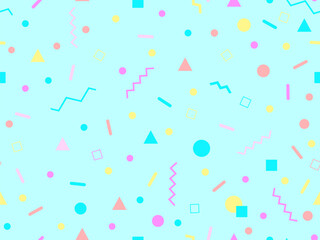 Seamless pattern with geometric shapes in 80s memphis style. Colorful geometric pattern. Design of promotional products, wrapping paper and printing. Vector illustration