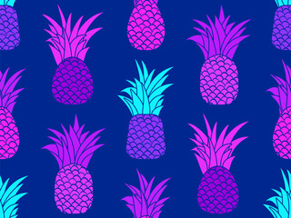 Pineapple seamless pattern. Purple pineapples 80s style. Summer fruit background for T-shirts, prints on paper and fabric. Vector illustration