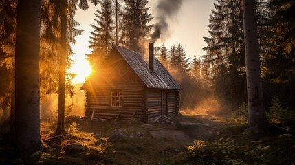 Fototapeta na wymiar Golden Hour Bliss: The Magic of a Wood Cabin Retreat