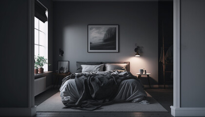 Modern bedroom with gray bed on the wall in home bedroom interior, Generative AI