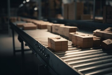 Boxes or packages on conveyor belt with open package. Generative AI