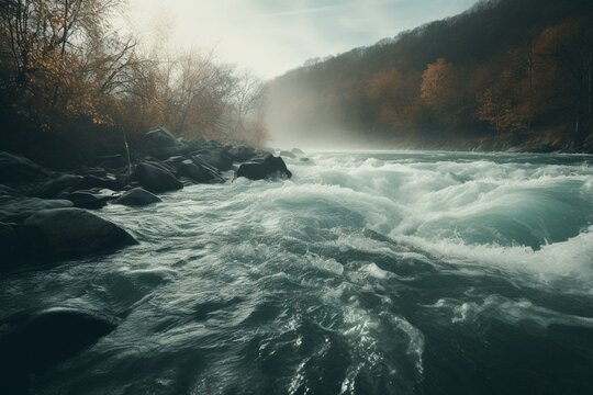 Realistic river with flowing waves, sober colors. Perfect for change and dynamics. Generative AI