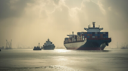 A tugs boat assist container vessel to be berthing at industrail port, generative ai