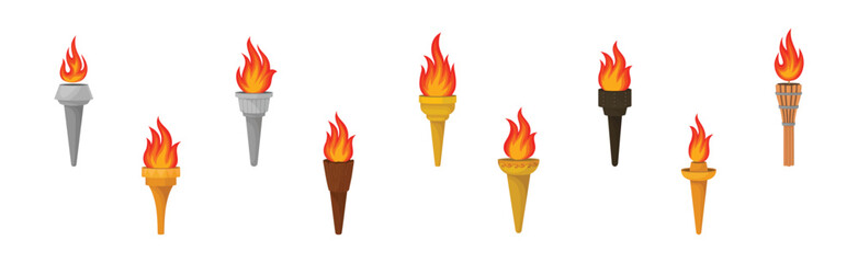 Torch with Brightly Burning Fire on Top as Ignited Light Source Vector Set
