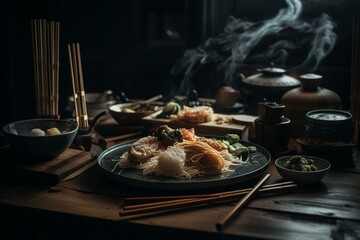 Japanese cuisine with eating tools. Generative AI