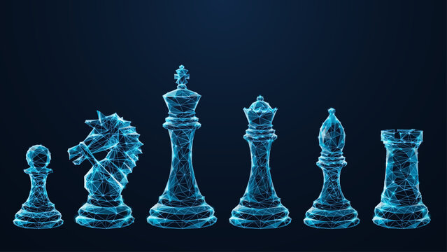 Digital polygonal image of chess pieces. The pawn, knight, king, queen, bishop, and rook are isolated in black. Abstract vector mesh consisting of blue lines and dots looks like a starry sky.