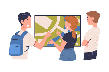 Man and Woman Character Using Information Board with Interactive Map Interface Vector Illustration