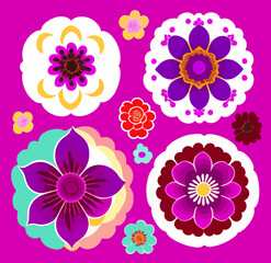 Fototapeta na wymiar Set of flat floral stickers on a pink background. Vector illustration for print 