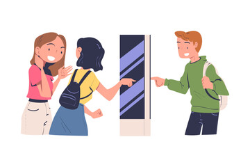 Man and Woman Character Using Information Board with Interactive Interface Vector Illustration