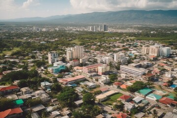 Fototapeta na wymiar Bird's-eye view of Kingston, Jamaica: cityscape, streets, structures, mountains. Generative AI
