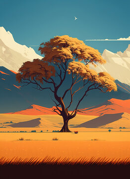 a painting of a lone tree in a field, a minimalist, generative ai 