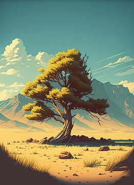 a painting of a lone tree in a field, a minimalist, generative ai 