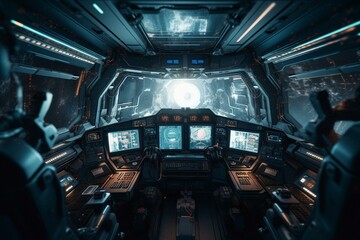 Futuristic spaceship cockpit with advanced technologies, overlooking window to the Earth. Space explorers operate electronics and devices. Generative AI