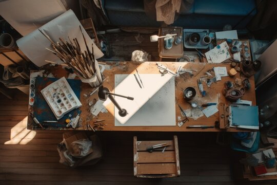 Painting in Progress: A Top-Down View of the Artist's Workspace