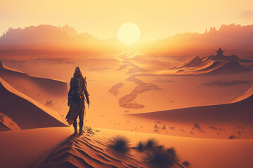 Obraz premium lone traveler walking through a desert at sunset, with sand dunes, generative ai 