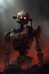 Fototapeta premium painting of a robot in a post-apocalyptic world, with rusted metal plates and glowing red eyes, generative ai 