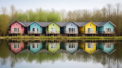Obraz premium Row of colorful wooden houses. Illustration AI Generative.