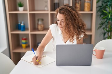 Young beautiful hispanic woman sitting on table studying at home